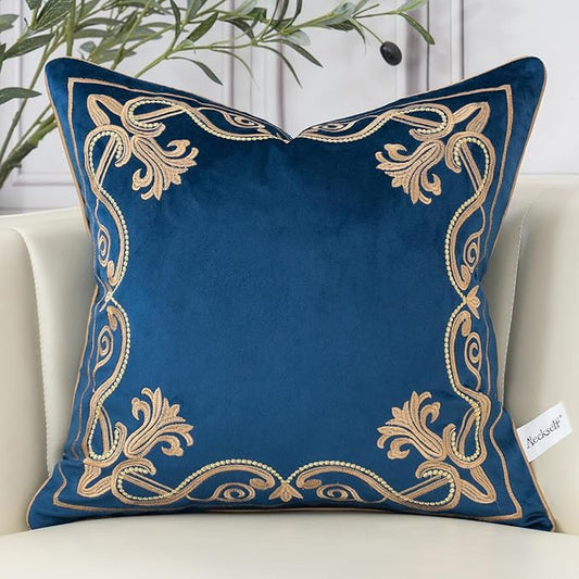 Aeckself European Floral Pillow Cover 18x18 Inch, Luxury Velvet Embroidered Decorative Throw Pillow Cover for Couch Bedroom Living Room, Navy Blue and Gold, Yw-OBYG-Blue4545