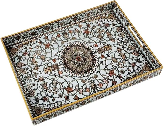 Large Plastic Serving Tray with Handles,Decorative Tray for Ottoman Coffee Table,Large Rectangular Boho Tray for Living Room Bathroom and Kitchen Counter,16"X12"