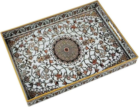Large Plastic Serving Tray with Handles,Decorative Tray for Ottoman Coffee Table,Large Rectangular Boho Tray for Living Room Bathroom and Kitchen Counter,16"X12"