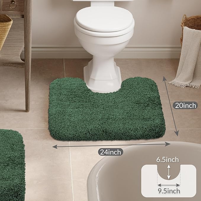 Walensee Contour Rug (20x24, Hunter Green) Non Slip Bath Mat, Soft Microfiber Shaggy Mat, Machine Washable U Shape Toilet Rug