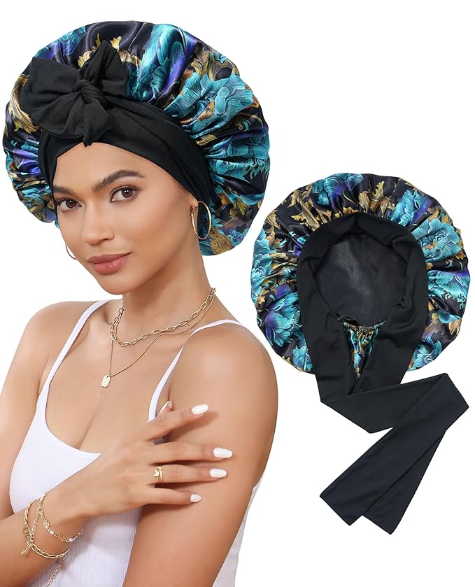 Satin Bonnet Silk Bonnet for Sleeping Silk Sleep Cap Double Layer Hair Bonnet with Elastic Tie Band for Curly Hair Night Cap(Print+Black)
