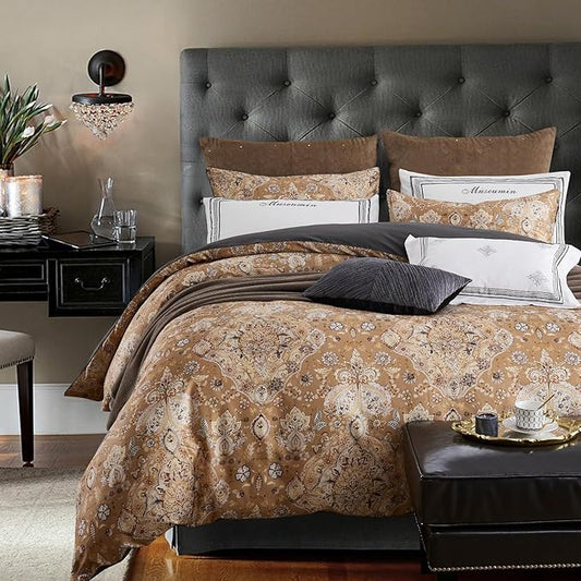 mixinni Long Staple Cotton Percale Golden Paisley Duvet Cover King Size Boho Floral Pattern 3 Pieces Soft Aesthetic Bedding Set for Him and Her, 1 Duvet Cover and 2 Pillowcases for All Seasons