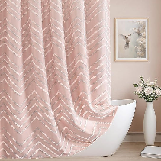 Extra Long Blush Pink Boho Shower Curtain Cute Shower Curtain Textured Tufted Chevron Striped Minimalist 72 x 84