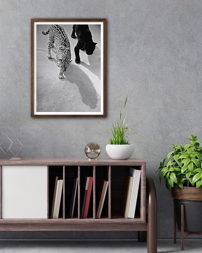 EcoHest Cheetah and Jaguar Walking Framed Wall Art, Walnut Color 12x16 in OAK Wood Vintage Black and White Funny Bathroom Canvas Art, Fashion 1950s Poster Decor, Set of 1 for Bedroom Living Room