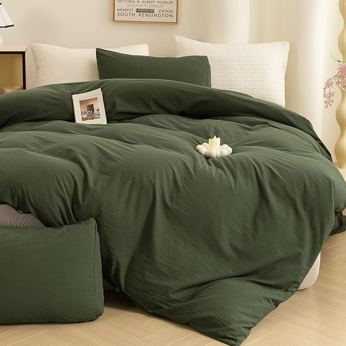 ECOCOTT 3 Pieces Duvet Cover Queen 100% Washed Cotton 1 Duvet Cover with Zipper and 2 Pillowcases, Ultra Soft and Easy Care Breathable Cozy Simple Style Bedding Set (Avocado Green)