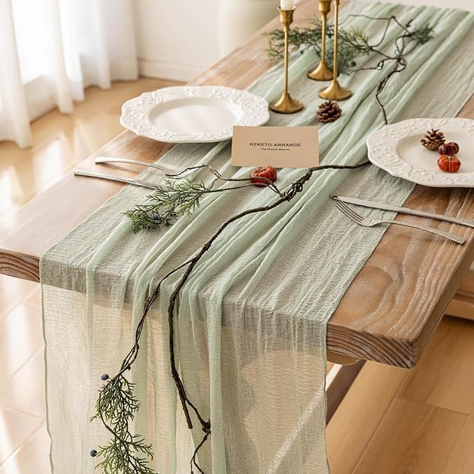 Keketo Sage Green Table Runner Cheesecloth 120 Inch 10 FT Rustic Boho Cheese Cloth Table Runner for Wedding Baby Shower Bridal Shower Sheer Gauze Centerpiece Home Decorations