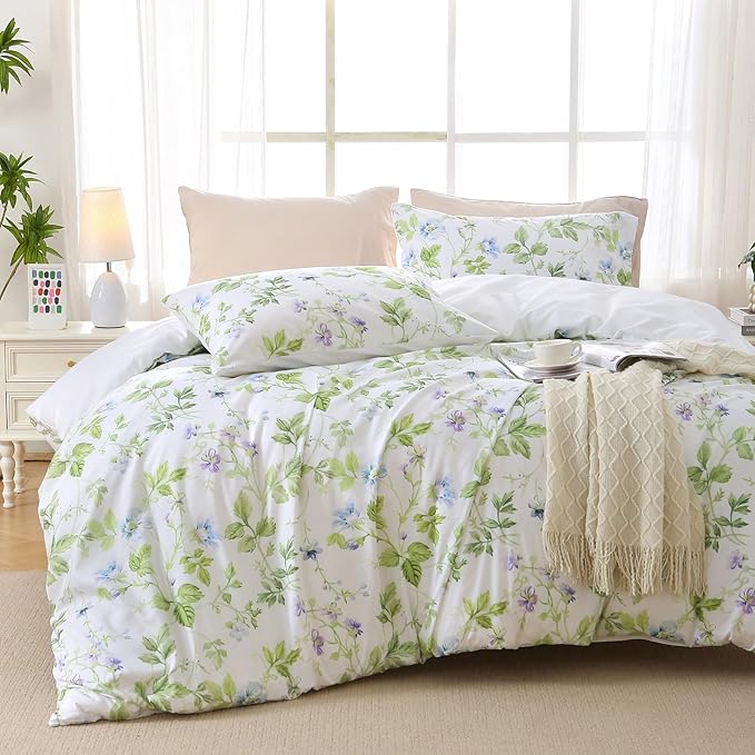 MUXHOMO Duvet Cover King Size, Reversible Floral Vintage Duvet Cover Set with Zipper Closure, 3 Pieces Botanical Patterns Soft Microfiber Bedding Set (90"x104", 2 Pillow Cases 20"×36", Green Branch)