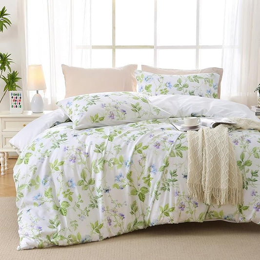 MUXHOMO Duvet Cover King Size, Reversible Floral Vintage Duvet Cover Set with Zipper Closure, 3 Pieces Botanical Patterns Soft Microfiber Bedding Set (90"x104", 2 Pillow Cases 20"×36", Green Branch)
