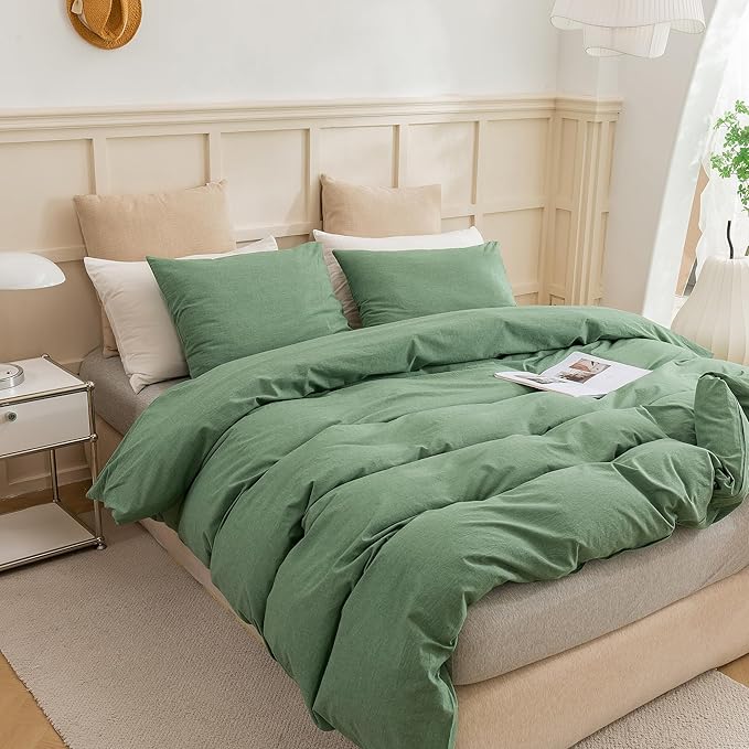 ECOCOTT Sage Green Duvet Cover Full Size, 100% Washed Cotton 3-Piece Bedding Set - Ultra Soft, Breathable & Easy Care with Zipper Closure and 2 Pillowcases (No Comforter)