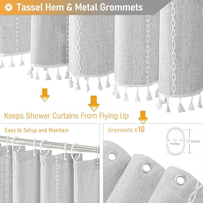 BTTN Stall Fabric Shower Curtain - 54x78 Boho Striped Linen Heavy Duty Tassel Shower Curtain Set with 10 Hooks, Narrow Rustic Modern Farmhouse Bohemian Thick Shower Curtains for Bathroom - Grey/Gray