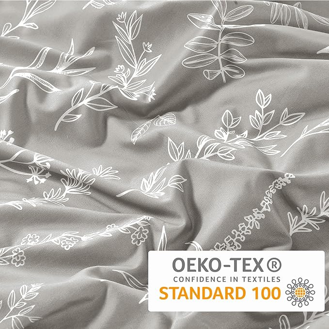 MUXHOMO Duvet Cover Full Size, Reversible Floral Silver Gray Duvet Cover Set with Zipper Closure, 3 Pieces Botanical Patterns Soft Microfiber Bedding Set with 4 Ties (80"x90", 2 Pillow Cases)