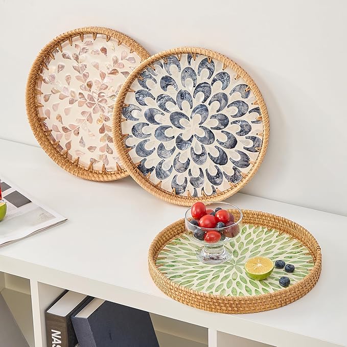 Round Rattan Tray for Home Decor 11.8 inch, Modern and Boho Decor Serving Tray with Mother of Pearl Inlay, Wicker Basket for Coffee Table, Hand Woven Decorative Tray Plates (Black)