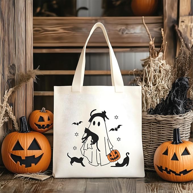 Cute Ghost Tote Bag Black Cats Tote Bag Halloween Cotton Canvas Bag for Women Gift Reusable Grocery Bag Shopping Beach Shoulder Bag