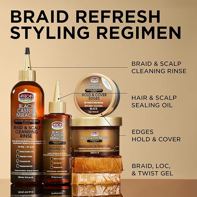 African Pride Black Castor Miracle Extra Hold Braid, Loc, Twist Gel - Extreme Hold Braiding Hair Gel, Edge Control & Tames Frizz, No Flake | Natural Ingredients, Black Castor & Coconut Oil | 12oz