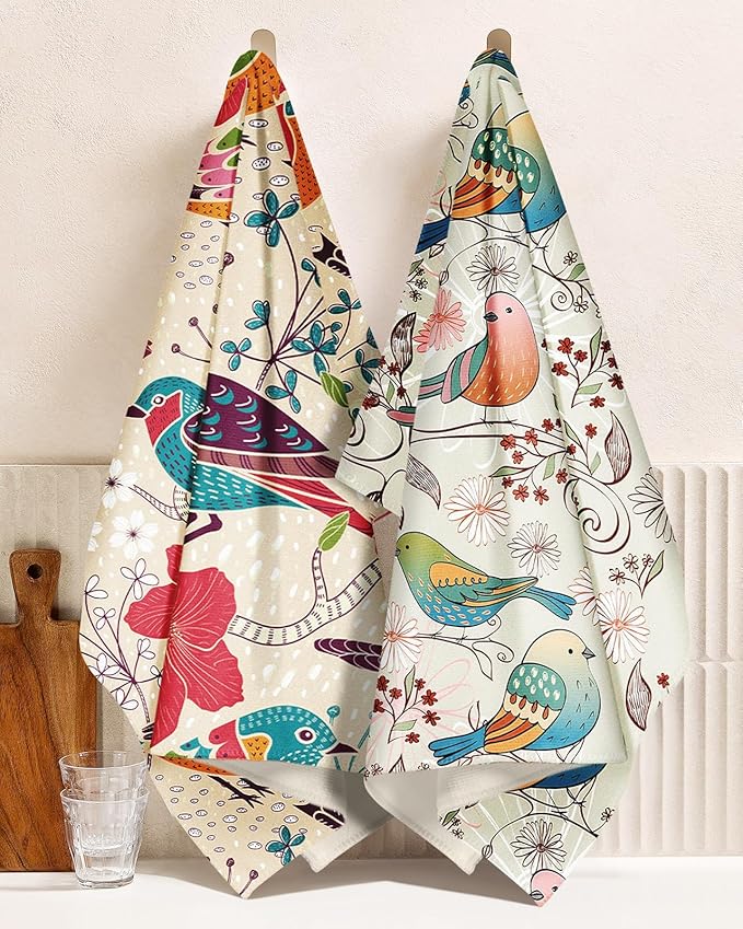 Microfiber Kitchen Towels - Set of 2 Dish Towels for Kitchen 18 x 26 Inch Home Decoration Floral Bird Cute Spring Hand Towels Soft & Absorbent Aesthetic Design