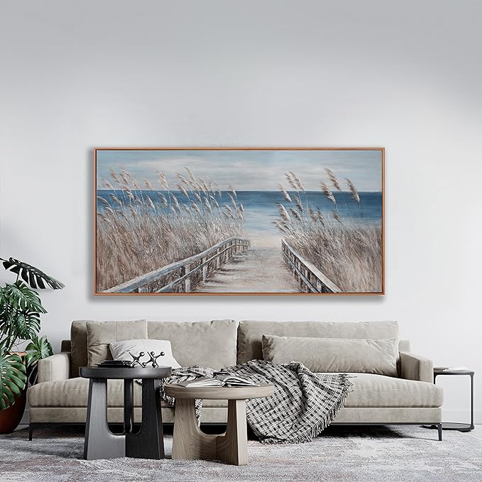 Wall Art Decor Wall Canvas Painting Reed And Blue Coast Landscape Decor Framed For Living Room Bedroom Dining Room Home Office Modern Abstract Artwork Home Decoration 24"x48"