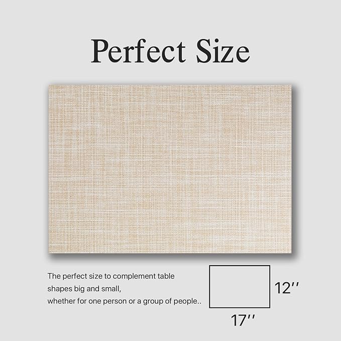 Placemats Set of 12 - Easy Clean Woven Vinyl Placemat for Dining Table, Indoor/Outdoor Place Mats, Washable PVC Table Mats（Beige）