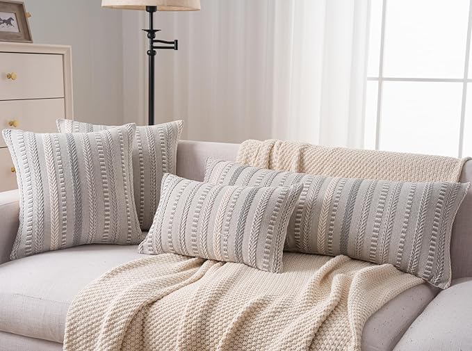 Boho Lumbar Pillow Covers 14x36 Long, Farmhouse Decorative Couch Pillow Cases, Grey Accent Pillows of Bed, Sofa Bedroom Living Room Home Decor Cushion Cover, Pack of 1