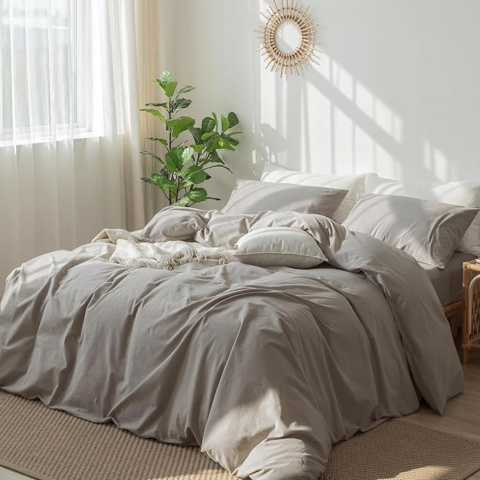 MooMee Bedding Duvet Cover Set 100% Washed Cotton Linen Like Textured Breathable Durable Soft Comfy (Heathered Brownish Grey, King 104"x90")
