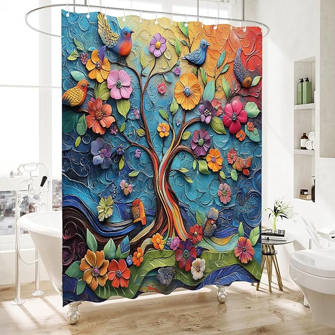 Bohemian Bathroom Curtain Colorful Boho Floral Print Beautiful Bright Polyester Fabric Cloth Shower Curtain for Bathroom Decoration, 72"x72"