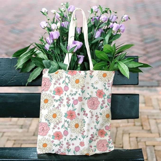 Floral Tote Bag Aesthetic Small Flower Canvas Bag For Women Gift Cotton Canvas Tote Handbag Reusable Grocery Bag Shopping Beach Bag Travel Shoulder Bag