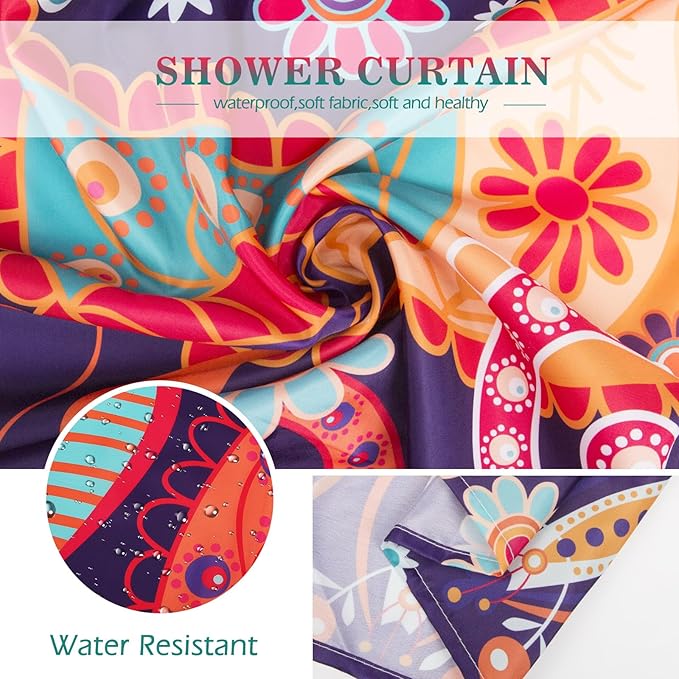 Aimego Long Boho Shower Curtain - Paisley Floral Mandala Indian Bohemian Colorful Flowers Fabric Cloth Bath Shower Curtain Set with 12 Hooks Bathroom Decor Bathtub Curtain, 72"x78"