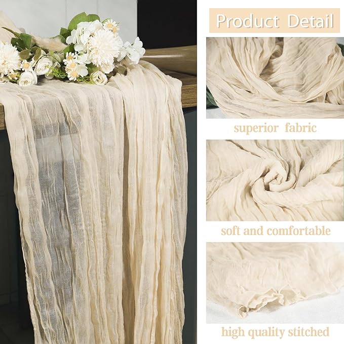 16 Pack Beige Cheesecloth Table Runner, 35x120 Inch Boho Gauze Table Runners, Cheese Cloth Long Table Runner Elegant Table Runners for Party Wedding Bridal Baby Shower Table Decor (Beige)