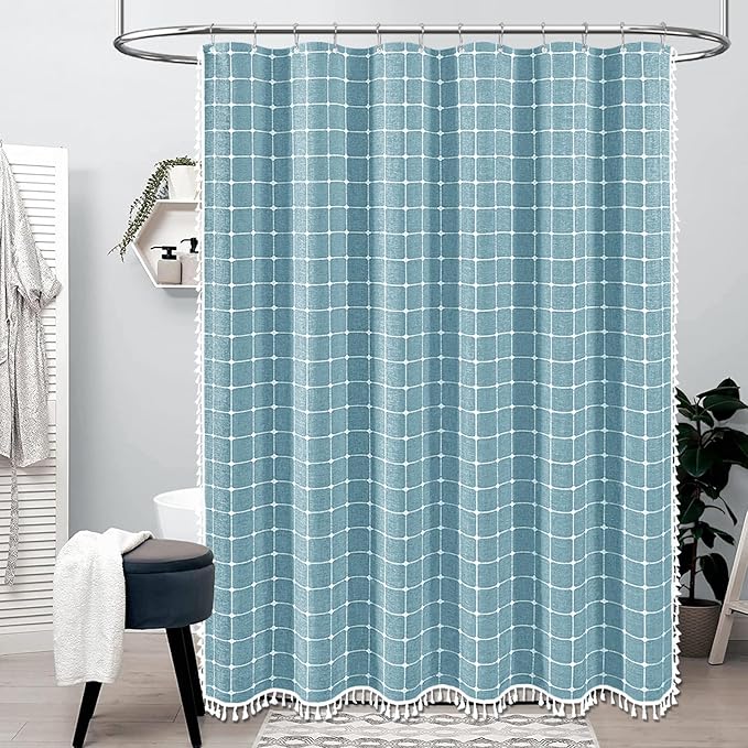 BTTN Boho Farmhouse Shower Curtain - Linen Rustic Heavy Duty Fabric Shower Curtain Set with Tassel, Water Repellent, Bohemian Vintage Country Cloth Shower Curtains for Bathroom, Teal/Turquoise, 72x72