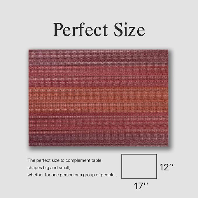 Placemats Set of 12 - Easy Clean Woven Vinyl Placemats for Dining Table, Indoor/Outdoor Place Mats, Washable PVC Table Mats（Pomegranate Parade）