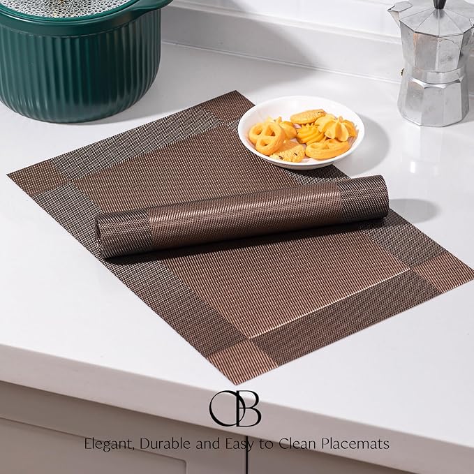Placemats Set of 12 - Easy Clean Woven Vinyl Placemats for Dining Table, Indoor/Outdoor Place Mats, Washable PVC Table Mats（Brown Cube）
