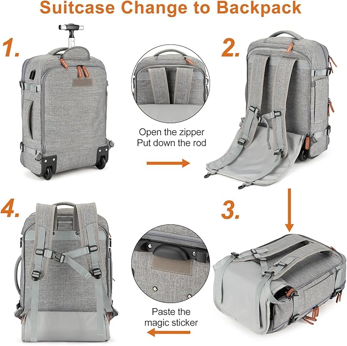 Rolling Backpack for Men and Women, Extra Large 42L Travel Backpack with Wheels, 17.3 Inch Carry-On Laptop Backpack with 4 packing cubes for Business and Work, Large Capacity Rolling Bag(Grey)