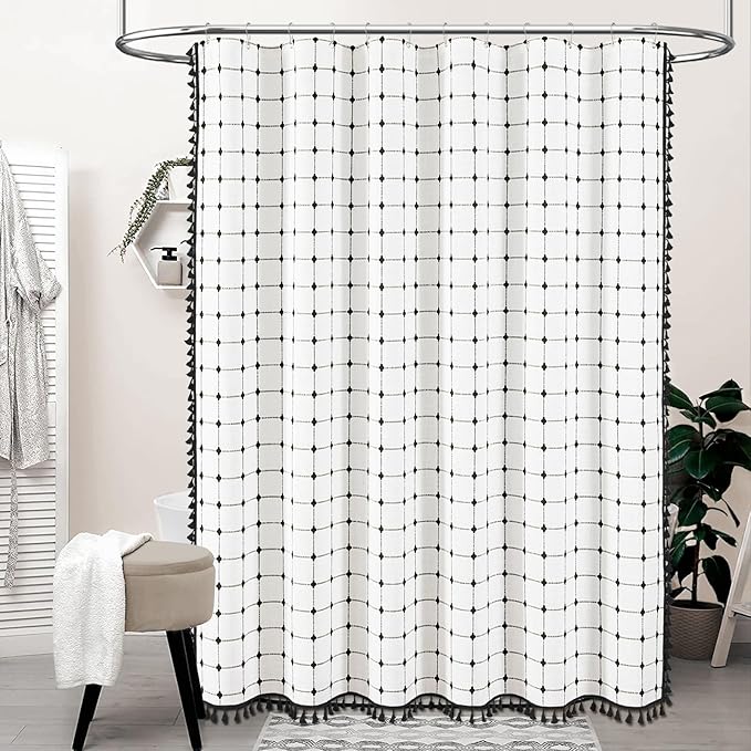BTTN Extra Long Shower Curtain - 72x84 Inch Long Boho Chic Tassel Linen Fabric Shower Curtain Set with Hooks, Modern Farmhouse Elegant Heavy Duty Cloth Shower Curtains for Bathroom - White and Black