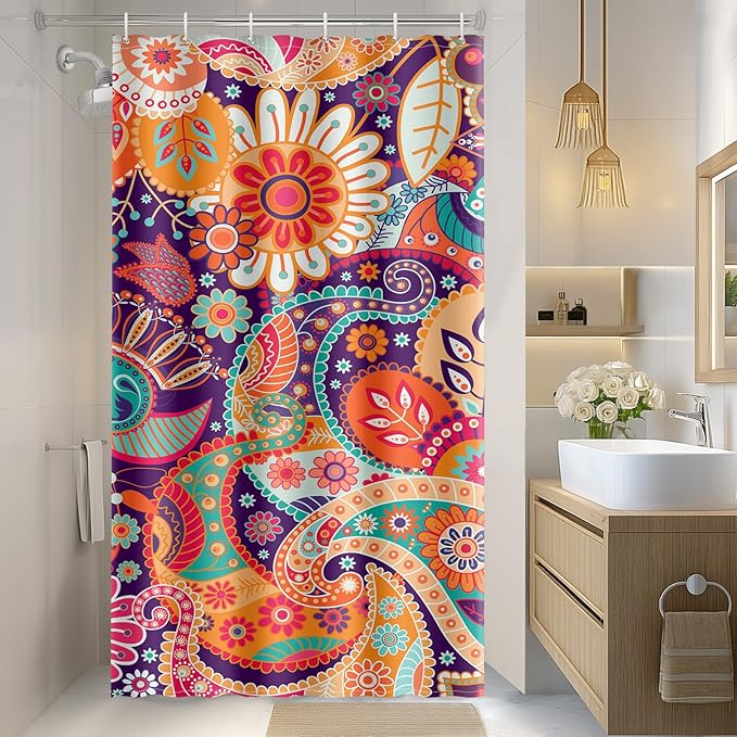 Aimego Stall Small Shower Curtain - Boho Paisley Floral Mandala Indian Bohemian Colorful Flowers Narrow Half Fabric Cloth Shower Curtain Set with 12 Hooks Bathroom Decor Bath Curtain, 36"x72"