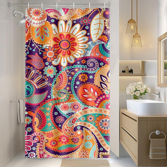 Aimego Stall Small Shower Curtain - Boho Paisley Floral Mandala Indian Bohemian Colorful Flowers Narrow Half Fabric Cloth Shower Curtain Set with 12 Hooks Bathroom Decor Bath Curtain, 36"x72"