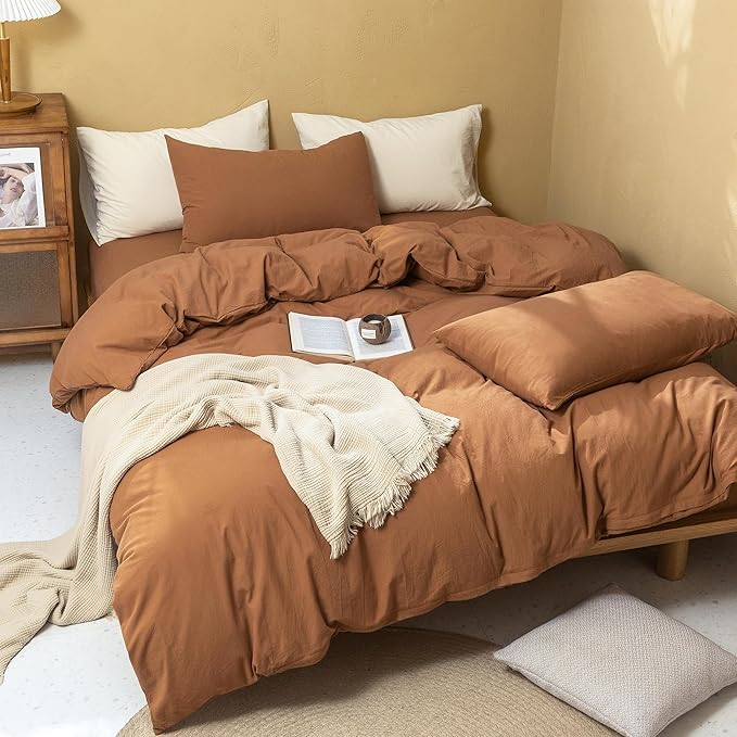 FOSSA Duvet Cover Set 100% Washed Cotton Linen Feel Super Soft Breathable Cozy Simple Style 3 Pieces Bedding Sets Solid Dark Orange Full/Double
