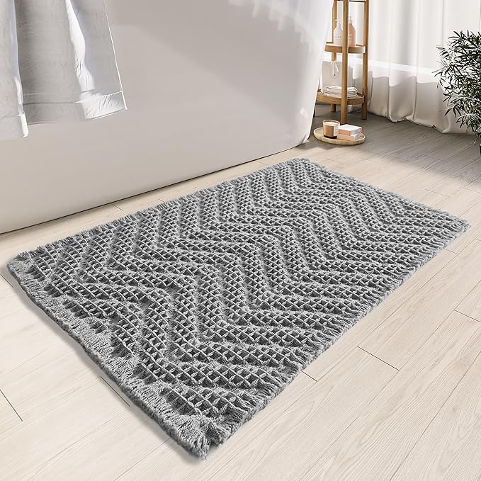 Upgraded Bath Mat, Non Slip, Machine Washable - Super Absorbent Waffle Weave, Rubber Backed, Ultra Soft - Gray, 17" x 24"