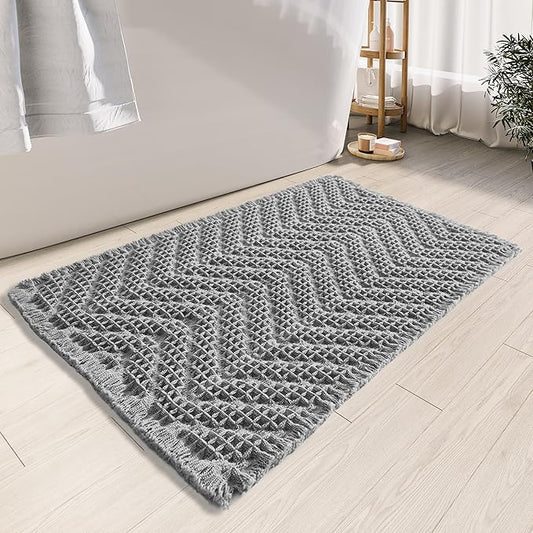 Upgraded Bath Mat, Non Slip, Machine Washable - Super Absorbent Waffle Weave, Rubber Backed, Ultra Soft - Gray, 17" x 24"