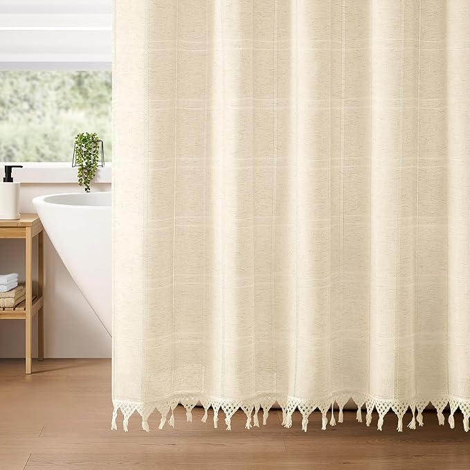 Small Stall Boho Farmhouse Shower Curtain with Tassel, Modern Bohemian French Country Chic Bathroom Shower Curtain Set with PEVA Liner, Linen Fabric Shower Curtain 36x72 - Beige/Cream