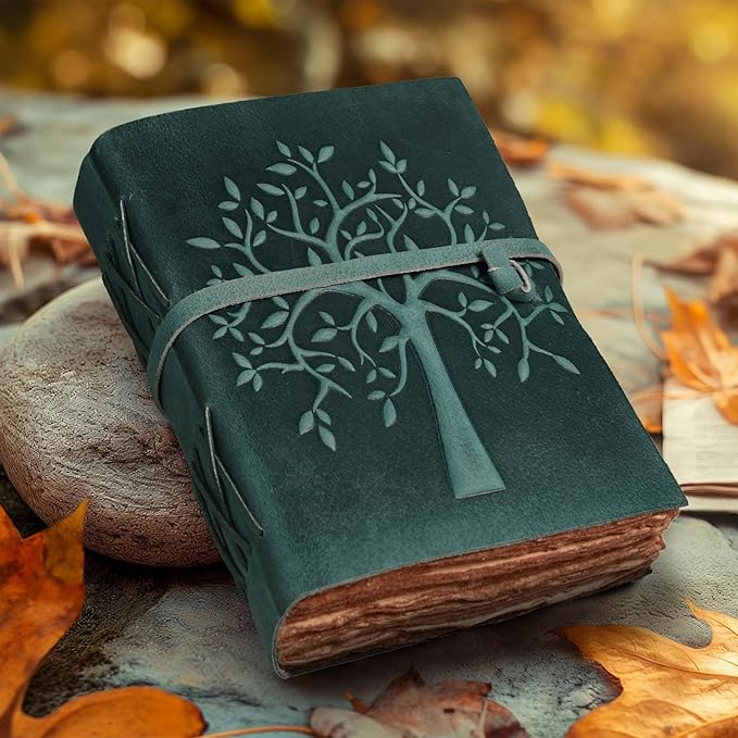 LEATHER VILLAGE Tree of Life Journal - 10 X 7 inches - Turquoise - 200 Antique Deckle Edge Handmade Paper – Book of Shadows - Vintage Leather Bound Journal for Women & Men