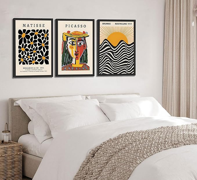 3 Pcs Gallery Wall Art Picasso Matisse Bauhaus Set Canvas Prints Abstract Paintings Posters Orange Black Modern Minimalist Wall Decor Pictures Suitable for Bedroom Living Room Decor (Unframed,