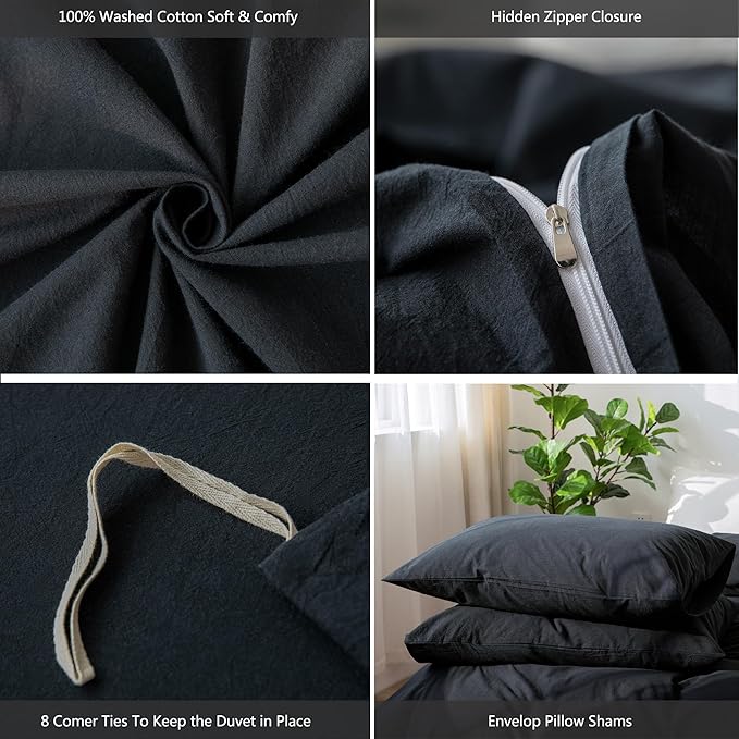 MooMee Bedding Duvet Cover Set 100% Washed Cotton Linen Like Textured Breathable Durable Soft Comfy (Solid Black, Cal King 104"x98")