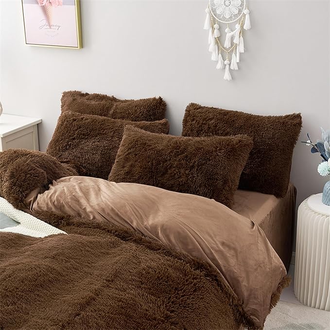 MorroMorn 5 PCS Shaggy Duvet Cover Bedding Set - Fluffy Comforter Cover Long Faux Fur Luxury Ultra Soft Cozy (Brown, King/California King)