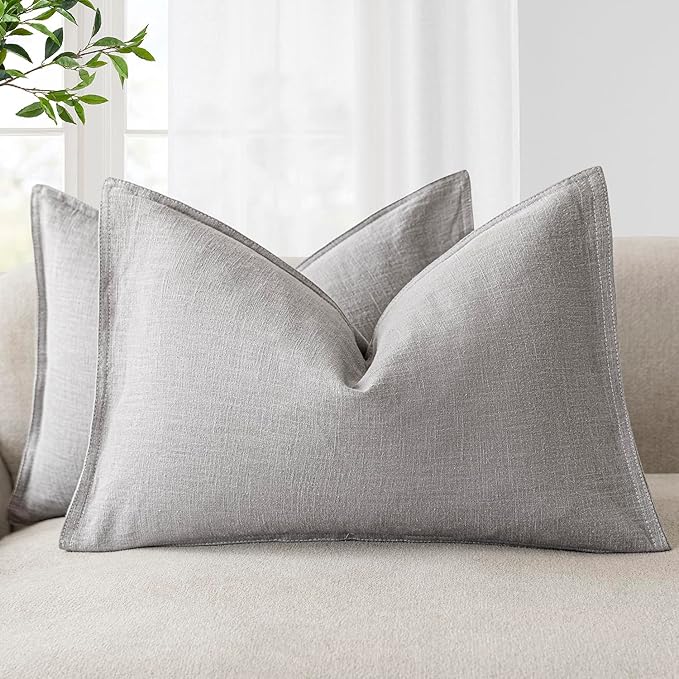 Foindtower Pack of 2, Decorative Linen Soild Throw Pillow Covers Accent Lumbar Cushion Case Farmhouse Pillowcase for Chair Couch Sofa Bedroom Living Room Home Decor 12 x 20 Inch Light Rustic Gray