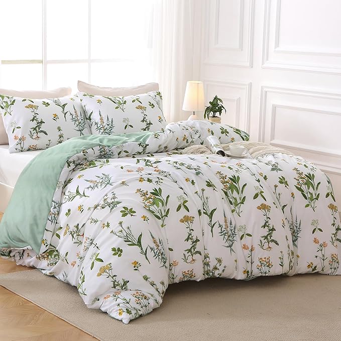MUXHOMO Duvet Cover Full Size, Reversible Floral Green Duvet Cover Set with Zipper Closure, 3 Pieces Botanical Patterns Soft Microfiber Bedding Set with 4 Ties (80"x90", 2 Pillow Cases)