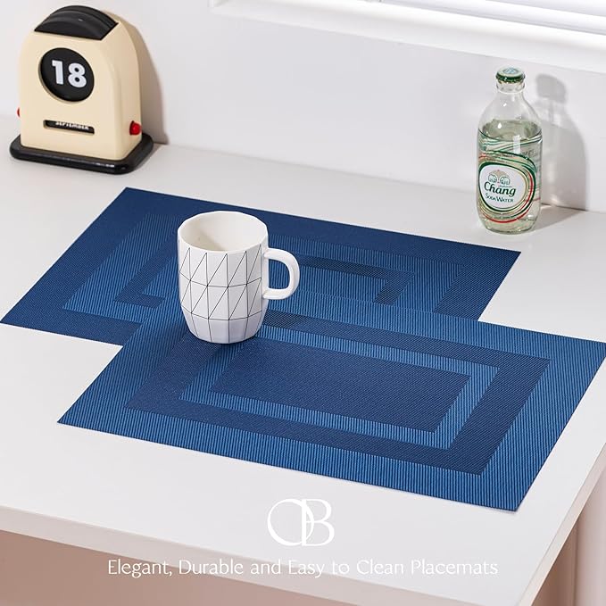 Placemats Set of 6 - Easy Clean Woven Vinyl Placemats for Dining Table, Indoor/Outdoor Place Mats, Washable PVC Table Mats（Navy Cube）