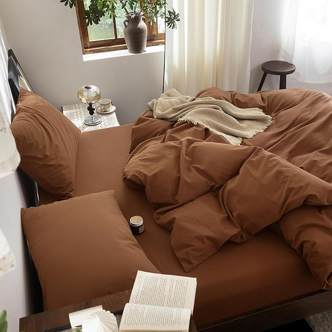 FOSSA Duvet Cover Set 100% Washed Cotton Linen Feel Super Soft Breathable Cozy 3 Pieces Bedding Sets Solid Dark Orange Super King