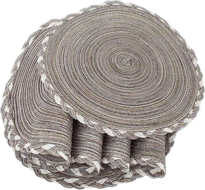 SHACOS Round Placemats Set of 4 Braided Glitter Round Table Placemats 15 inch for Wedding Holiday Party (Multicolor-Light Coffee, 4)