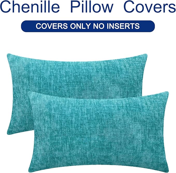 CaliTime Throw Pillow Covers Decorative 12 X 20 Inches Pack of 2 Cozy Chenille Cushion Cases for Couch Sofa Bed Living Room Home Lake Blue