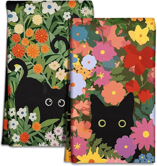 Microfiber Kitchen Towels - Set of 2 Dish Towels for Kitchen 18 x 26 Inch Home Decoration Cat Flower Cute Spring Hand Towels Soft & Absorbent Aesthetic Design