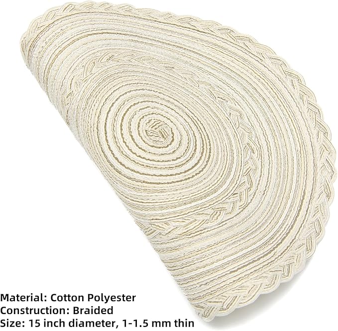 SHACOS Round Placemats Set of 4 Boho Braided Border Place Mats for Dining Tables Wedding Holiday Party (Ivory Bordered, 4)
